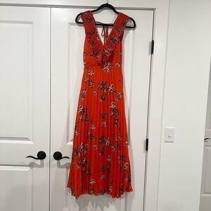 Lulus Loved By You Red Orange Floral Print Pleated Chiffon‎ Maxi Dress Size XS